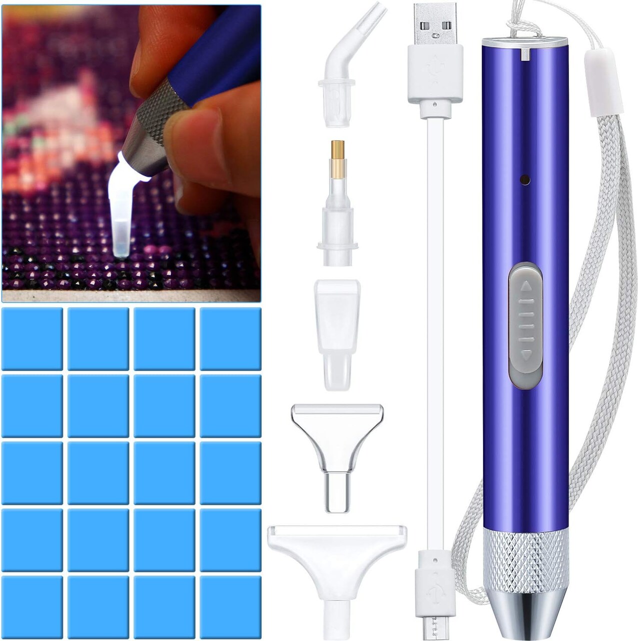 Diamond Painting Pen Point Drill Pen with Light 5D DIY Diamond Painting Tool with 20 Pieces Painting Glue Clay 5 Pieces Replacement Pen Heads for DIY Painting Craft (Blue)